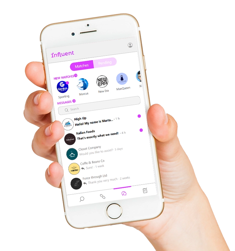 Influent chat screenshot superposed on an iphone