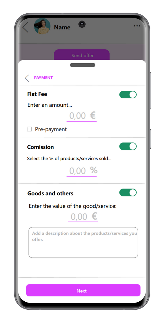 Select terms page with fees, comissions and goods of the deal