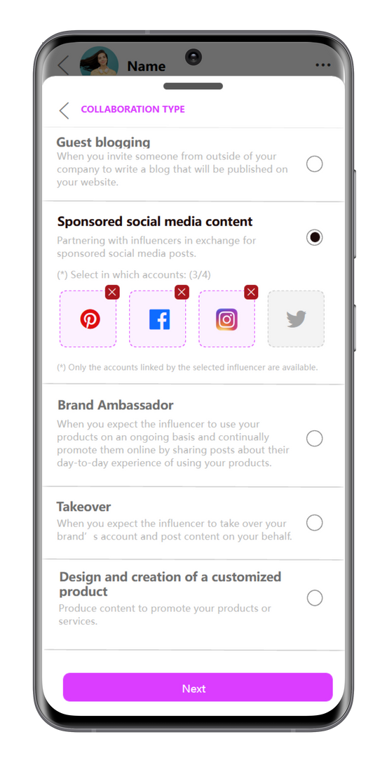 Choose your collaboration screenshot with sponsored social media content selected