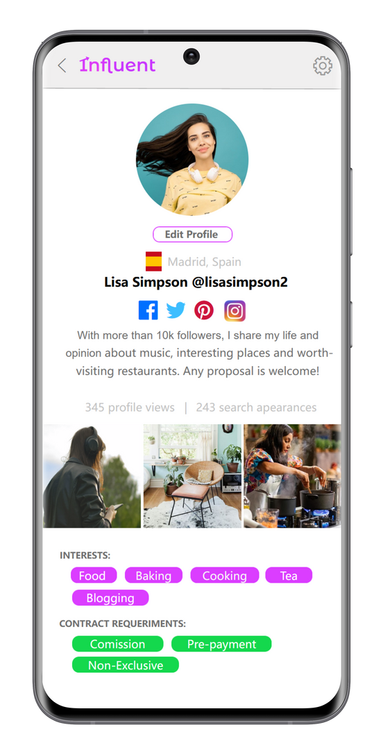 Profile screenshot with interests, contract requirements and photos