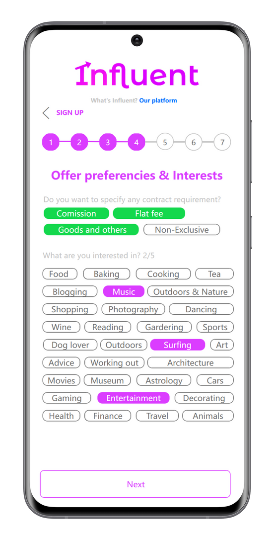 Configuration page with interests and contract requirements
